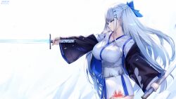 Rule 34 | 1girl, blue eyes, braid, breasts, cleavage, closed mouth, commission, detached sleeves, hair ornament, hairpin, highres, holding, holding sheath, holding sword, holding weapon, katana, large breasts, long hair, long sleeves, nekoya (liu), original, sheath, solo, standing, sword, weapon, white background, wide sleeves