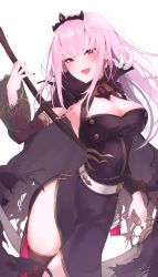 Rule 34 | 1girl, armpits, black cloak, black dress, black nails, black thighhighs, blush, breasts, cleavage, cloak, commentary, cowboy shot, detached sleeves, dress, highres, hinata (hinata-ur), holding, holding scythe, hololive, hololive english, long hair, looking at viewer, medium breasts, mori calliope, nail polish, open mouth, pink eyes, pink hair, scythe, see-through, see-through sleeves, side slit, simple background, smile, solo, spikes, symbol-only commentary, thighhighs, thighs, tiara, torn cloak, torn clothes, veil, virtual youtuber, white background