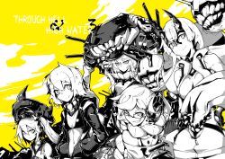 Rule 34 | 10s, 5girls, abyssal ship, backpack, bag, bikini, bikini top only, braid, breasts, choker, cleavage, collar, commentary request, convenient censoring, deel (rkeg), destroyer princess, enemy aircraft (kancolle), english text, flat chest, glaring, glasses, gloves, grin, hand on own hip, hands in pockets, headphones, heavy cruiser princess, helmet, highres, hood, hood down, horns, jacket, kantai collection, looking at viewer, monochrome, multiple girls, open clothes, open jacket, re-class battleship, scarf, short eyebrows, short hair, short hair with long locks, side ponytail, single braid, small breasts, smile, supply depot princess, swimsuit, teeth, tentacles, wo-class aircraft carrier, yellow theme