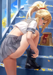 Rule 34 | 1girl, adjusting footwear, ass, bag, bare legs, belt, black footwear, blonde hair, blush, boots, braid, breasts, crop top, fate/apocrypha, fate/grand order, fate (series), foot out of frame, green eyes, grey skirt, half up braid, highres, knee up, legs, long hair, looking at viewer, looking back, looking to the side, midriff, miniskirt, mordred (fate), mordred (fate/apocrypha), outdoors, paper bag, parted bangs, pleated skirt, ponytail, red scrunchie, revision, sailor collar, school uniform, scrunchie, serafuku, sidelocks, skirt, small breasts, solo, stairs, thighs, tonee
