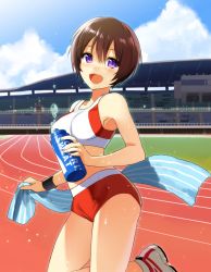 Rule 34 | 1girl, :d, bad id, bad pixiv id, blush, bottle, brown hair, open mouth, original, oselo721, pocari sweat, purple eyes, running track, shoes, short hair, smile, sneakers, solo, sports bikini, sweat, towel, track and field, water bottle