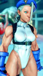 Rule 34 | 1girl, 3d, absurdres, alternate color, alternate skin color, antenna hair, bare shoulders, blonde hair, blue eyes, blue gloves, blue hat, braid, breasts, cammy white, clenched hands, covered navel, curvy, dark skin, gloves, groin, hat, highleg, highleg leotard, highres, leotard, lips, long hair, looking to the side, medium breasts, ryona, screencap, shiny clothes, sky, solo, street fighter, street fighter v, thighs, third-party edit, thong leotard, twin braids, very long hair, white leotard, wide hips