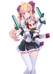Rule 34 | 1girl, ahoge, blonde hair, blush, bow, commentary request, dual wielding, feet out of frame, hair between eyes, hair bow, hakkaku shikimi, highres, holding, holding sword, holding weapon, long hair, long sleeves, looking at viewer, minecraft, minecraft sword, miniskirt, nijisanji, school uniform, simple background, skirt, smile, solo, standing, sword, takamiya rion, takamiya rion (1st costume), thighhighs, transparent background, twintails, virtual youtuber, weapon, white background, zettai ryouiki
