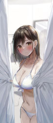 Rule 34 | 1girl, :o, bikini, black hair, blush, breasts, cleavage, collarbone, commentary, commentary request, curtains, fitting room, highres, large breasts, looking at viewer, medium hair, mole, mole on collarbone, navel, original, parted lips, rouka (akatyann), swimsuit, white bikini, yellow eyes