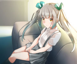 Rule 34 | 1girl, alternate hairstyle, black socks, blush, brown eyes, collared shirt, comah, commentary request, couch, dress shirt, feet out of frame, green ribbon, grey hair, grey skirt, hair ribbon, kantai collection, kasumi (kancolle), kneehighs, light frown, long hair, on couch, pleated skirt, ribbon, shirt, sidelocks, sitting, skirt, socks, solo, suspender skirt, suspenders, twintails, very long hair, white shirt