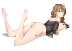 Rule 34 | 1girl, antenna hair, ass, bare legs, bare shoulders, barefoot, bikini, blush, body writing, breasts, brown eyes, brown hair, chestnut mouth, feet, flat ass, full body, girls&#039; frontline, hair ornament, hairclip, halterneck, highres, jacket, large breasts, legs, long hair, looking at viewer, looking to the side, lying, m37 (girls&#039; frontline), off shoulder, on stomach, open clothes, open jacket, parted lips, pixel (yuxian), shadow, shiny skin, shoulder blades, simple background, solo, swimsuit, toes, underwear, white background, white bikini