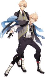Rule 34 | 2boys, absurdres, ascot, black ascot, black gloves, blonde hair, brooch, collared shirt, dual persona, fate/grand order, fate (series), full body, game cg, glasses, gloves, green eyes, grey vest, hair between eyes, half gloves, highres, jacket, jacket on shoulders, jekyll and hyde (fate), jewelry, looking at viewer, male focus, multiple boys, nakahara (mu tation), non-web source, official art, open clothes, open collar, open vest, red eyes, shirt, short hair, smile, solo, tachi-e, transparent background, vest
