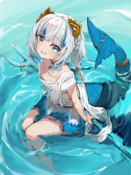 Rule 34 | 1girl, absurdres, blue eyes, blue theme, day, fins, fish tail, from above, gawr gura, gawr gura (party dress), highres, holding trident, hololive, hololive english, jknor, looking at viewer, polearm, shark tail, soaking feet, solo, tail, trident, virtual youtuber, water, weapon, wet, white hair