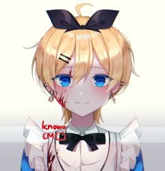 Rule 34 | 1girl, ahoge, bad id, bad twitter id, black bow, blood, blood on clothes, blood on face, blue eyes, bow, collared shirt, commission, gradient background, hair between eyes, hair bow, highres, knowa, korean commentary, looking at viewer, original, portrait, shirt, short hair, smile, solo