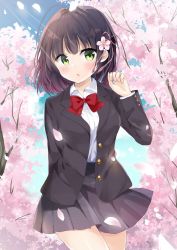Rule 34 | 1girl, arm behind back, black hair, black jacket, blue sky, blush, bow, cherry blossoms, cowboy shot, day, dress shirt, flower, green eyes, grey skirt, hair flower, hair ornament, hair ribbon, highres, jacket, looking at viewer, miniskirt, nakata (kanata 1 6), open clothes, open jacket, open mouth, original, outdoors, pink flower, pink ribbon, pleated skirt, red bow, red neckwear, ribbon, shirt, short hair, skirt, sky, solo, standing, white shirt