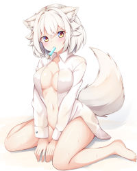 Rule 34 | 1girl, animal ear fluff, animal ears, barefoot, breasts, collared shirt, food, full body, hot, inubashiri momiji, long sleeves, looking at viewer, medium breasts, mouth hold, open clothes, open shirt, popsicle, rururiaru, shirt, short hair, simple background, sitting, solo, sweat, tail, toes, touhou, wariza, white background, white hair, white shirt, white theme, wolf ears, wolf girl, wolf tail, yellow eyes