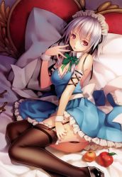 Rule 34 | 1girl, absurdres, adjusting clothes, adjusting legwear, apple, ass, black footwear, black panties, black thighhighs, bow, braid, breasts, cleavage, food, frilled skirt, frills, fruit, garter straps, hair bow, hair ribbon, headdress, highres, izayoi sakuya, knife, long legs, looking at viewer, lying, maid, maid headdress, on bed, panties, pillow, red eyes, ribbon, saliva, saliva trail, scan, shoes, short hair, silver hair, skirt, solo, thighhighs, thighhighs pull, tidsean, tongue, tongue out, touhou, twin braids, underwear, weapon, wrist cuffs
