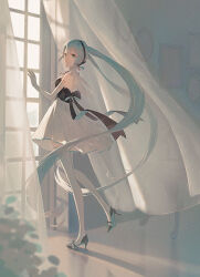 1girl aqua_footwear back_bow backless_dress backless_outfit black_bow black_footwear black_headband blue_eyes blue_hair blurry bow breasts candle candlestand closed_mouth curtains day depth_of_field dress elbow_gloves evening floor full_body gloves hair_between_eyes hand_on_window hand_up hatsune_miku headband high_collar highres indoors leaf light_particles light_smile living_room long_hair looking_at_viewer looking_back miku_symphony_(vocaloid) muted_color neck_ribbon picture_frame plant pleated_dress potted_plant reflection reflective_floor ribbon see-through see-through_curtains shoes short_dress shoulder_blades sideboob sidelocks sleeveless sleeveless_dress small_breasts solo standing standing_on_one_leg straight_hair strappy_heels sunlight table tareme thighhighs twintails two-tone_footwear very_long_hair vocaloid white_dress white_gloves white_thighhighs window youra5 zettai_ryouiki