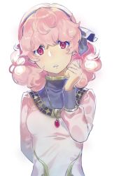 Rule 34 | 1girl, aisutabetao, bad id, bad twitter id, curly hair, fire emblem, fire emblem echoes: shadows of valentia, genny (fire emblem), hairband, jewelry, long sleeves, necklace, nintendo, parted lips, pink hair, red eyes, simple background, solo, upper body, white background
