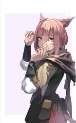 1girl, animal ears, belt pouch, blue eyes, blush, border, braid, earrings, facial mark, final fantasy, final fantasy xiv, highres, hood, hood down, jewelry, looking at viewer, medium hair, miqo&#039;te, parted lips, pink hair, pointy ears, pouch, purple background, ring, sakurami sumi, simple background, single earring, smile, solo, teeth, whisker markings, white border