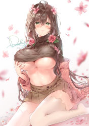 Rule 34 | 1girl, absurdres, antenna hair, arm at side, artist name, blush, breasts, brown hair, brown skirt, brown sweater, buttons, cardigan, daefny, fingernails, flower, green eyes, hair between eyes, hair flower, hair ornament, hand on breast, hand up, highres, large breasts, long hair, long sleeves, looking at viewer, miniskirt, navel, no bra, open cardigan, open clothes, original, parted lips, petals, pink cardigan, pink flower, pink rose, pleated skirt, rose, sitting, skirt, sleeves past wrists, smile, solo, stomach, sweat, sweater, thighhighs, turtleneck, turtleneck sweater, underboob, wariza, white background, white thighhighs