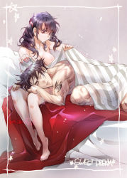 Rule 34 | 1boy, 1girl, aftersex, bed, bed sheet, blanket, breasts, commentary, dated, english commentary, english text, hetero, kazama jin, lap pillow, ling xiaoyu, long hair, medium breasts, muscular, naked sheet, namco, nipples, nude, on bed, red eyes, ryo (ryoxkj), shoulder tattoo, signature, sitting, sleeping, sleeping on person, tattoo, tekken, toes, twintails, under covers, wavy hair