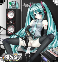 Rule 34 | 1girl, bare shoulders, bdsm, blush, bondage, bound, censored, detached sleeves, female masturbation, green eyes, green hair, hatsune miku, headphones, highres, hypnotic-trance, legs, long hair, masturbation, matching hair/eyes, necktie, pale skin, panties, panty pull, pussy, pussy juice, pussy juice trail, rope, side-tie panties, solo, spread legs, thighhighs, twintails, underwear, upskirt, vocaloid