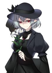 Rule 34 | 1girl, ascot, black dress, black sash, character request, check copyright, closed mouth, copyright request, cowboy shot, dress, flower, funeral dress, grey hair, grey hat, hat, highres, holding, holding flower, layered sleeves, long sleeves, looking at viewer, medium hair, pointy ears, puffy short sleeves, puffy sleeves, red eyes, sash, short over long sleeves, short sleeves, shukusuri, simple background, solo, touhou, white background, white flower, wide sleeves