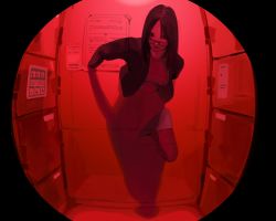 Rule 34 | 1girl, absurdres, border, closed mouth, ghost, glasses, highres, horror (theme), long hair, olio5115, original, pantyhose, peephole, red theme, round border, shadow, skirt, solo, transparent