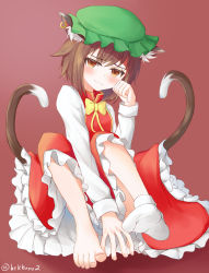 Rule 34 | 1girl, :3, animal ear fluff, animal ears, bad hand, barefoot, bekkuro, bekkuro2, blush, bow, bowtie, brown eyes, brown hair, cat ears, cat tail, chen, commentary request, dress, earrings, feet, foreshortening, full body, hand up, hat, highres, jewelry, knees up, looking at viewer, mob cap, multiple tails, nekomata, paw pose, petticoat, pink background, red dress, short hair, simple background, single earring, sitting, solo, tail, toes, touhou, two tails, yellow bow, yellow bowtie