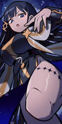 Rule 34 | &gt;:(, 122pxsheol, 1girl, absurdres, arms up, arne alternata, belt, black dress, black hair, blue eyes, dress, fighting stance, gold dress, hair ornament, hairpin, happy saint sheol, highres, long hair, looking down, official art, open mouth, serious, solo, star (symbol), straight hair, thigh focus, v-shaped eyebrows