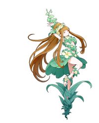 Rule 34 | 1girl, alfheim no mamono tsukai, arms up, artist request, blunt bangs, breasts, brown hair, character doll, closed eyes, dress, flower, full body, high ponytail, highres, leaf dress, long hair, medium breasts, melias (alfheim no mamono tsukai), official art, plant, pointy ears, solo, transparent background, underboob, very long hair, vines