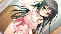 Rule 34 | 1girl, armpits, arms up, black eyes, black hair, blush, breasts, cleavage, embarrassed, game cg, hitsuji takako, kiss ato, large breasts, legs, lingerie, long hair, looking at viewer, natsume azusa, solo, standing, thighs, underwear