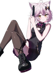 1girl absurdres animal_ears black_bow black_dress black_thighhighs bow cat_ears cat_girl cleavage_cutout closed_mouth clothing_cutout dress gun hair_bow highres holding holding_gun holding_weapon indie_virtual_youtuber lace lace-trimmed_thighhighs lace_trim looking_at_viewer meibin nyatasha_nyanners nyatasha_nyanners_(6th_costume) pink_hair short_hair sleeveless sleeveless_dress smile solo thighhighs virtual_youtuber weapon yellow_eyes