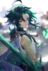 Rule 34 | 1boy, arm tattoo, bead necklace, beads, black hair, blurry, blurry background, closed mouth, facial mark, forehead mark, genshin impact, green hair, hayama eishi, highres, jewelry, looking at viewer, male focus, multicolored hair, necklace, polearm, solo, tassel, tattoo, upper body, weapon, xiao (genshin impact), yellow eyes