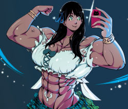 Rule 34 | 1girl, abs, apple (luffy123), black hair, breasts, cleavage, flexing, hair ribbon, large breasts, long hair, muscular, ribbon, selfie, smile, solo, upper body, yellow eyes