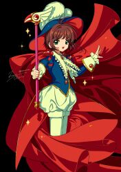 Rule 34 | 1girl, absurdres, black background, blue headwear, brown hair, cape, cardcaptor sakura, child, green eyes, highres, holding, holding wand, kinomoto sakura, kisumi rei, official alternate costume, open mouth, red cape, short hair, signature, simple background, solo, standing, twitter username, wand