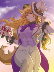 Rule 34 | 1girl, alternate costume, armlet, bow, bowser logo, bowsette, bowtie, bracelet, breasts, cloud, collar, crown, formal, half-closed eyes, hat, hat tip, high-waist pants, horns, jewelry, kinutani soushi, large breasts, long sleeves, mario (series), new super mario bros. u deluxe, nintendo, pant suit, pants, sharp teeth, sky, smile, solo, spiked armlet, spiked bracelet, spiked collar, spiked shell, spiked tail, spikes, suit, super crown, super mario odyssey, tail, tailcoat, teeth, top hat, turtle shell, tuxedo, unworn headwear, white hat