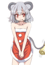 Rule 34 | 1girl, animal ears, bare shoulders, bell, female focus, grey hair, holding, holding with tail, looking at viewer, mouse ears, mouse tail, nazrin, prehensile tail, red eyes, santa costume, short hair, simple background, solo, tail, tori (minamopa), touhou, v arms, white background