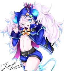 Rule 34 | 1girl, candy, cardigan, chiliarch (elsword), crown, demon girl, demon horns, demon tail, elsword, food, hood, hoodie, horns, luciela r. sourcream, no bra, one eye closed, open cardigan, open clothes, saliva, saliva trail, scarlet zel, tail, twintails