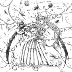 Rule 34 | 2girls, bad id, bad pixiv id, bat wings, book, female focus, greyscale, hat, long hair, monochrome, multiple girls, mystery, nazo (mystery), patchouli knowledge, remilia scarlet, short hair, touhou, wings