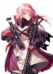 Rule 34 | 1girl, ar-15, armband, armor, assault rifle, bad id, bad twitter id, blue eyes, blue hair, blush, closed mouth, coat, dress, dual wielding, floating hair, gas mask, girls&#039; frontline, gloves, gun, hair between eyes, hair ornament, holding, holding gun, holding weapon, holster, jacket, long hair, looking at viewer, magazine (weapon), mask, mod3 (girls&#039; frontline), multicolored hair, open clothes, open coat, parted lips, pink hair, ponytail, rifle, scarf, scope, sidelocks, signature, silence girl, simple background, skindentation, solo, st ar-15 (girls&#039; frontline), st ar-15 (mod3) (girls&#039; frontline), strap, streaked hair, thigh holster, thigh strap, thighhighs, torn clothes, torn jacket, trigger discipline, weapon, white background, wind, wind lift