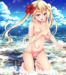 Rule 34 | 1girl, bad id, bad pixiv id, bare legs, barefoot, beach, bikini, bikini pull, blonde hair, blue bikini, blue eyes, blue sky, blush, breasts, clothes pull, cloud, cloudy sky, collarbone, covering privates, covering chest, day, floating hair, hand up, highres, kneeling, kyara36, lens flare, long hair, looking at viewer, navel, ocean, original, outdoors, pink bikini, sidelocks, sky, small breasts, smile, solo, swimsuit, thighs, tongue, tongue out, twintails, untied bikini, wind