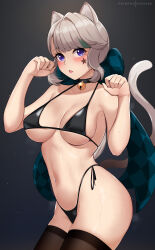 Rule 34 | 1girl, animal ear fluff, animal ears, bare arms, bare shoulders, bell, bikini, black background, black bikini, black choker, black thighhighs, blue bow, blunt bangs, blush, bow, breasts, cat ears, cat tail, checkered bow, checkered clothes, choker, commentary, cowboy shot, d:, facial mark, genshin impact, grey hair, groin, hair bow, hands up, highres, hioyami, jingle bell, large breasts, looking at viewer, lynette (genshin impact), navel, neck bell, open mouth, paw pose, purple eyes, short hair, side-tie bikini bottom, sidelocks, solo, standing, star (symbol), stomach, sweat, swimsuit, tail, thighhighs, thighs