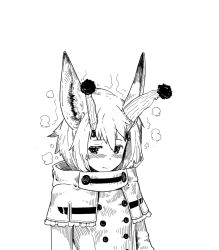 Rule 34 | animal ears, antlers, beanie, blush, buttons, capelet, closed mouth, greyscale, hair between eyes, hat, horn ornament, horns, jacket, jaco, long sleeves, looking at viewer, monochrome, original, santa hat, short hair, simple background, solo, white background