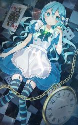 Rule 34 | 1girl, alice (alice in wonderland), alice in wonderland, apron, black bow, black bowtie, blue bow, blue dress, blue eyes, blue hair, bow, bowtie, card, clock, dress, from above, garter straps, hair between eyes, hair bow, highres, long hair, looking at viewer, lying, on back, original, shiino sera (gelatin), short dress, short sleeves, solo, striped clothes, striped thighhighs, thighhighs, white apron, white bow