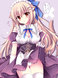 Rule 34 | 1girl, animal ears, apron, bare shoulders, blue bow, blush, bow, breasts, brown eyes, cat ears, cat girl, cat tail, cleavage, cleavage cutout, closed mouth, clothes lift, clothing cutout, commentary request, detached sleeves, flower, gloves, gluteal fold, hair between eyes, hair bow, hair flower, hair ornament, hairclip, kirishima riona, lifting own clothes, light brown hair, long hair, maid, maid headdress, original, panties, pink flower, pleated skirt, puffy short sleeves, puffy sleeves, purple skirt, purple sleeves, shirt, short sleeves, skirt, skirt lift, sleeveless, sleeveless shirt, solo, tail, tail raised, thigh gap, thighhighs, translation request, underwear, very long hair, waist apron, white apron, white gloves, white panties, white shirt, white thighhighs