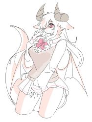 Rule 34 | 1girl, :&lt;, animal ears, black vest, bow, bowtie, breasts, closed mouth, collared shirt, cowboy shot, cropped legs, curled horns, dragon girl, ears down, female focus, furry, furry female, grey horns, hair over one eye, hand up, highres, horns, long hair, long sleeves, looking at viewer, low wings, medium breasts, miniskirt, one eye covered, original, pleated skirt, red bow, red bowtie, red eyes, sami (yaonga797), school uniform, shirt, sidelocks, sketch, skirt, snout, solo, standing, sweater vest, tail, vest, wings