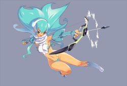 Rule 34 | 1girl, aqua hair, arrow (projectile), bad id, bad pixiv id, black eyes, bow, bow (weapon), bridal gauntlets, drawing bow, holding, holding bow (weapon), holding weapon, legs, navel, original, simple background, solo, strapless bottom, tensugi takashi, weapon