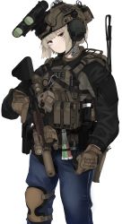 Rule 34 | 1girl, absurdres, ammunition belt, ammunition pouch, assault rifle, black jacket, blonde hair, body armor, brown gloves, closed mouth, daniel defense, denim, feet out of frame, fte (fifteen 199), gloves, gun, headset, helmet, highres, holding, holding gun, holding weapon, jacket, jeans, knee pads, long sleeves, looking at viewer, m4 carbine, m4 sopmod ii, military, combat helmet, neck tattoo, night-vision device, original, pants, pouch, red eyes, rifle, short hair, solo, standing, tactical clothes, tattoo, weapon, white background