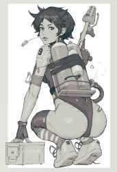 Rule 34 | 1girl, ammunition box, artist name, ass, bandaged arm, bandages, bandaid, border, box, breasts, corn, earrings, fingerless gloves, flamethrower, from behind, full body, gloves, grey border, guweiz, hair ornament, hairclip, heart, highres, holding, holding weapon, horizontal-striped legwear, jewelry, kneehighs, leotard, light smile, lips, looking back, medium breasts, monochrome, mouth hold, original, parted lips, pinup (style), shoe soles, shoelaces, shoes, short hair, sign, simple background, sneakers, socks, solo, squatting, striped clothes, striped socks, thighhighs, thighs, trigger discipline, warning sign, weapon, white background