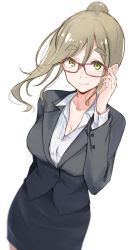 Rule 34 | 1girl, absurdres, blush, breasts, cleavage, collarbone, collared shirt, dress shirt, dress suit, formal, glasses, green eyes, hair between eyes, highres, inuyama aoi, light brown hair, long hair, long sleeves, looking at viewer, office lady, shirt, solo, suit, unu (unucence), white shirt, yurucamp, yurucamp movie