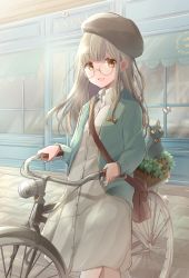 Rule 34 | 1girl, absurdres, bag, beret, bicycle, blue jacket, blunt bangs, box, brown eyes, bug, butterfly, cat, commentary request, cowboy shot, day, dress, glasses, hat, highres, hoshiibara mato, insect, ivy, jacket, light brown hair, light particles, long hair, looking at viewer, open clothes, open jacket, open mouth, original, outdoors, round eyewear, satchel, sett, smile, solo, storefront, very long hair, walking bike, white dress