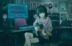 Rule 34 | 1girl, black hair, commentary request, computer, desk, electric guitar, graphic equalizer, guitar, headphones, highres, indoors, instrument, kensight328, keyboard (instrument), lamp, laptop, looking at viewer, original, plant, potted plant, revision, short shorts, shorts, sitting, smile, solo, speaker