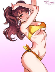 Rule 34 | 1girl, alternate costume, artist name, bikini, blush, breasts, brown eyes, brown hair, closed mouth, commentary, dated, earrings, english commentary, jewelry, kujikawa rise, lips, long hair, looking at viewer, medium breasts, mina cream, navel, persona, persona 4, pink lips, simple background, smile, solo, stomach, swimsuit, thighs, twintails, wavy hair, white background, yellow bikini